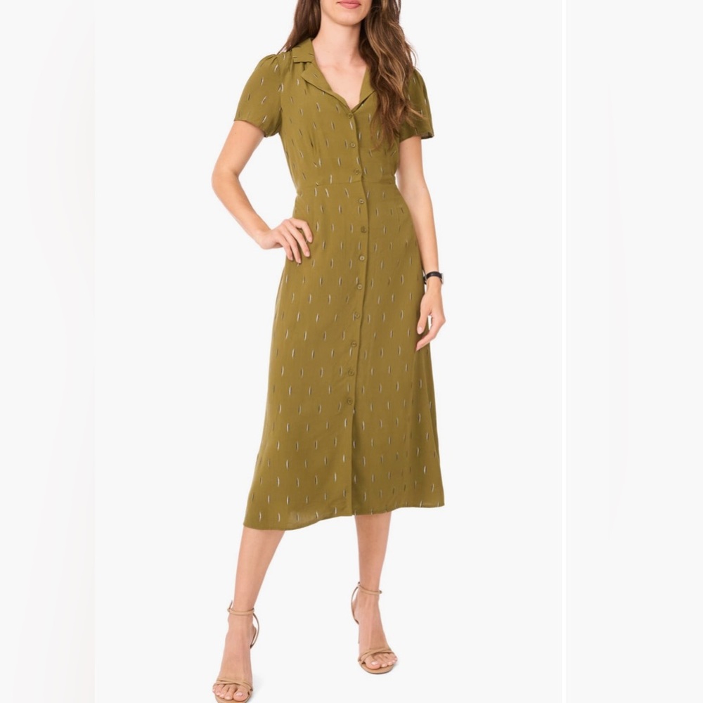 Halogen Olive Moss Green Button-Down Short Sleeve Dress w/Silver/Blk Accents M